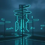 Glowing signposts and converging roads leading to a central building symbolize setting up Onartline Multisite Domain Mapping