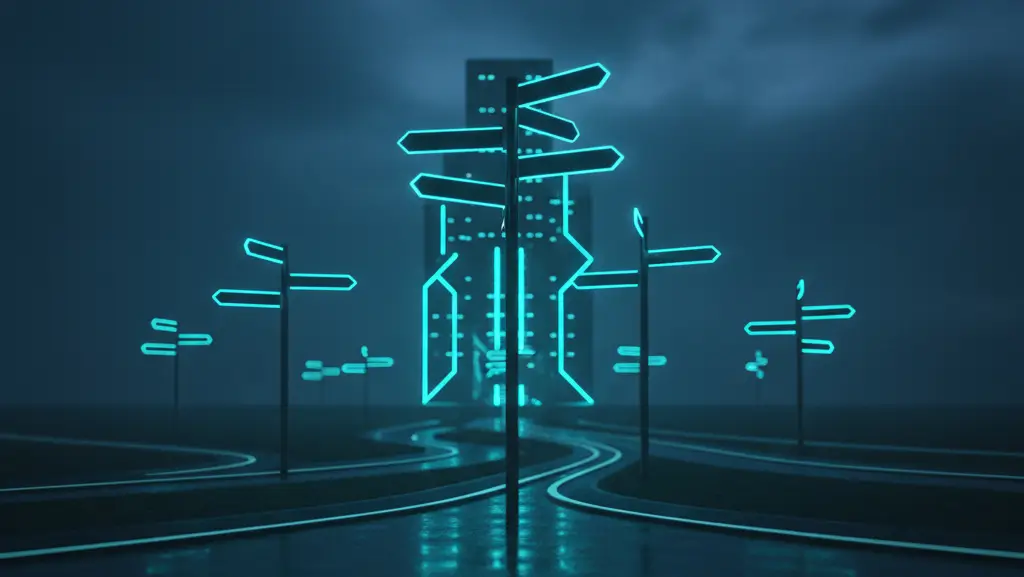 Glowing signposts and converging roads leading to a central building symbolize setting up Onartline Multisite Domain Mapping
