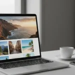 Laptop showing a travel blog with hero photo and image gallery, symbolizing a freshly installed WordPress website