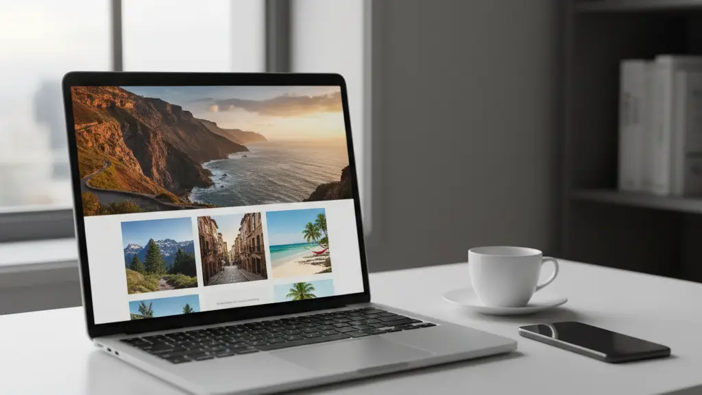 Laptop showing a travel blog with hero photo and image gallery, symbolizing a freshly installed WordPress website