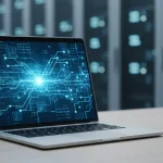 Laptop displaying a glowing circuit network diagram, symbolizing a WordPress Multisite network