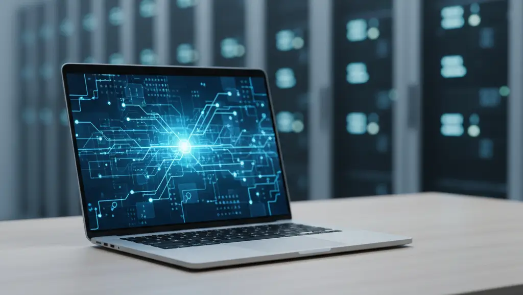 Laptop displaying a glowing circuit network diagram, symbolizing a WordPress Multisite network