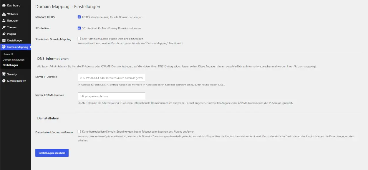 Onartline Multisite Domain Mapping - plugin interface in German