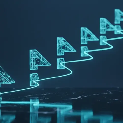 Glowing ascending milestone flags along a path symbolize the Onartline Multisite Domain Mapping changelog