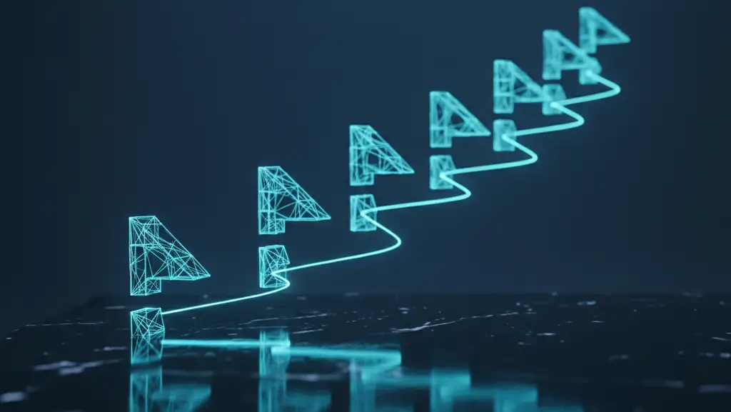 Glowing ascending milestone flags along a path symbolize the Onartline Multisite Domain Mapping changelog