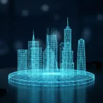 Mehrere leuchtende Gebäude unterschiedlicher Höhe auf einem gemeinsamen Fundament symbolisieren WordPress Multisite mit mehreren eigenständigen Websites - die WordPress Multisite Vorteile