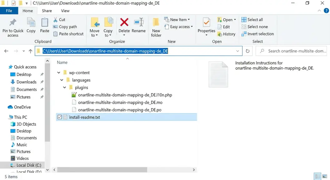 Unzipped folder showing the subfolder structure and install-readme.txt for the OMDM German language pack