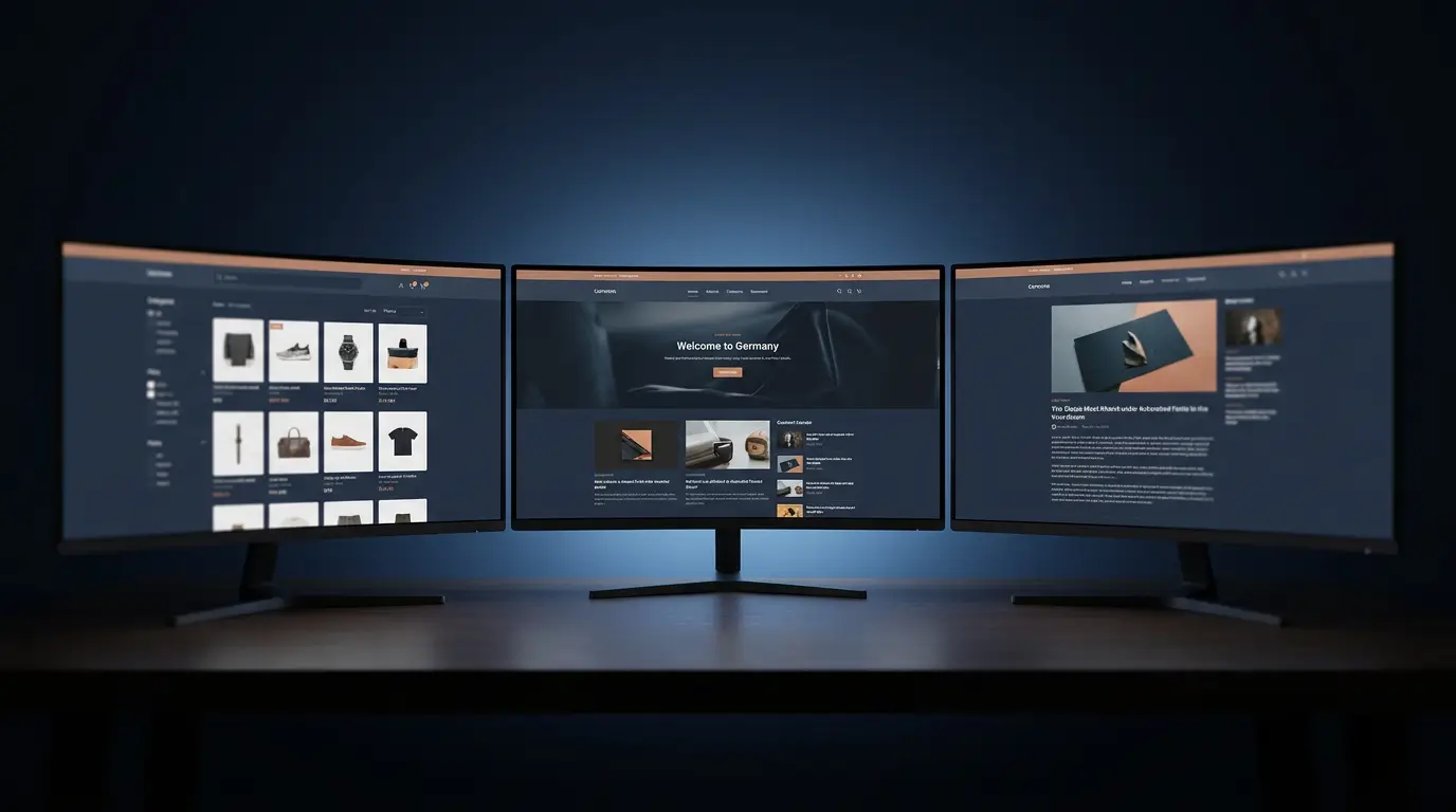 WordPress Multisite Vorteile: Drei Displays zeigen unterschiedliche Websites mit einheitlichem Design als Symbol für ein zentral verwaltetes Multisite-Netzwerk