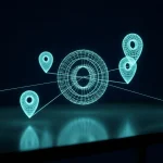 Mehrere leuchtende Standort-Pins, verbunden zu einem zentralen Knotenpunkt, symbolisieren WordPress Multisite für KMU mit mehreren Webseiten